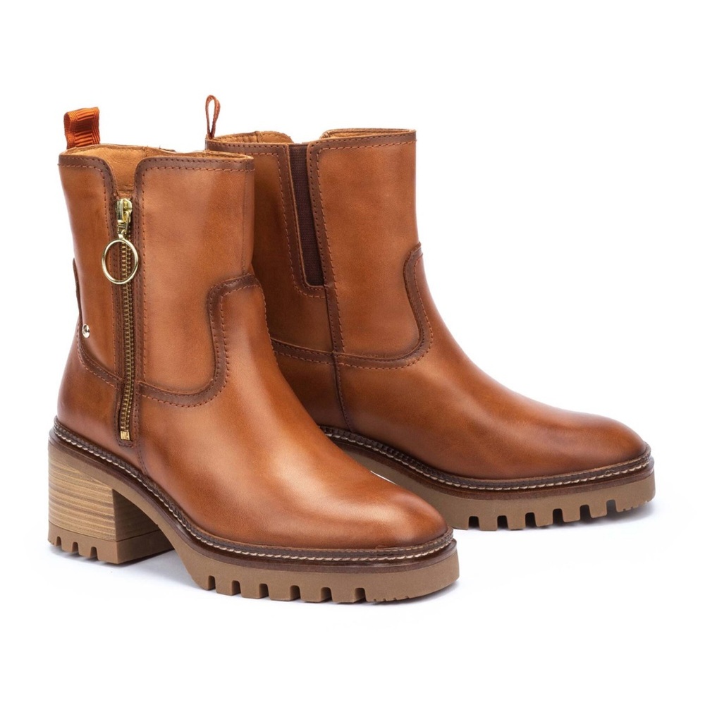 PIKOLINOS Tan Leather Chunky Heel Ankle Boots